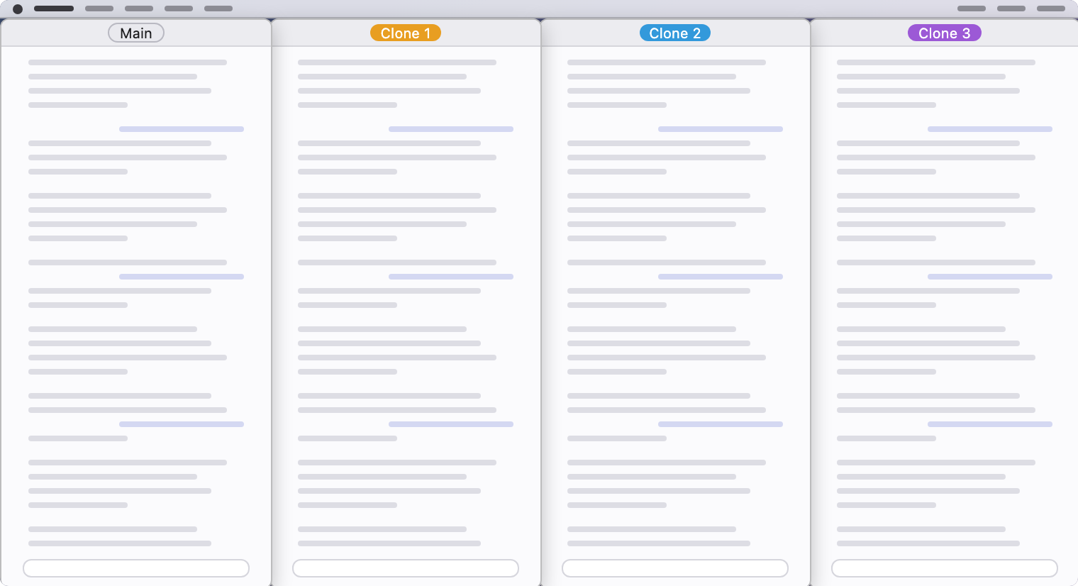 Escritorio esquemático: Principal y tres clones en cuatro columnas iguales