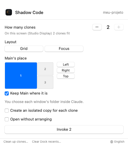 Ventana de Shadow Code: cuántos clones, Grid o Focus, lugar de la Principal, Invocar 2