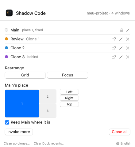 Ventana de Shadow Code con la Principal y tres clones, con controles para renombrar, fijar y cerrar
